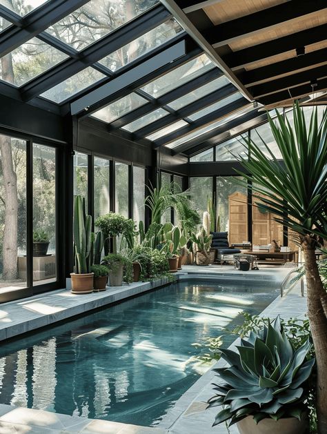 67 Creative Succulent Ideas to Elevate Your Room Design Swimming Pool In Greenhouse, Solarium Pool Sunrooms, Green House Pool Ideas, Sunroom With Jacuzzi, Indoor Pool And Greenhouse, Sunroom Pool Ideas, Pool With Jacuzzi Ideas, Indoor Pool Decor, Swimming Pool Ideas Backyard