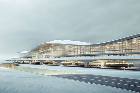 Aedas awarded design of yantai international airport terminal in china Aedas Architecture, Train Station Architecture, Sky Bridge, Exhibition Building, Airport Terminal, Airport Design, Yantai, Architectural Art, Airports Terminal