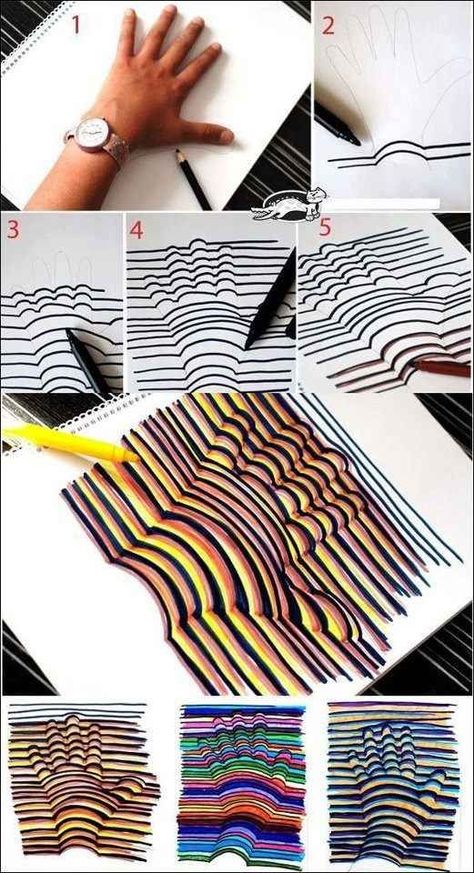 27 Pointless Projects To Do When You’re Bored At Work Drawing Techniques, Op Art, Kunst For Barn, Oppgaver For Barn, 3d Hand, Buku Skrap, Fun Crafts For Kids, Drawing Challenge, Crafts To Do