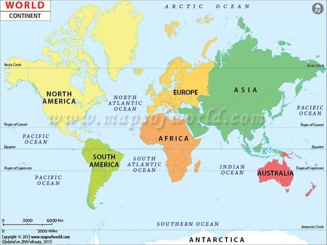 World Continents Map.  Simple clicks of the mouse will take you from view of the world--to a view of continent-- to a view of country.  Not very detailed, but good, quick to get at overview. Map Of Continents, World Geography Map, World Map Continents, World Map With Countries, World Map Printable, Continents And Countries, Penanda Buku, Continents And Oceans, All Continents