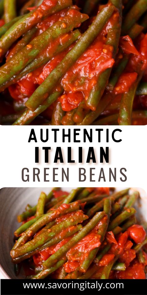 Discover how to make a delicious Italian-style green bean dish with this simple recipe! Fresh green beans are simmered in a flavorful blend of garlic, olive oil, onions, and tomatoes for a classic side dish that pairs perfectly with your favorite Italian dinner. Enjoy the authentic flavor of Italy's classic green bean dish with this easy and tasty recipe! Italian Green Beans With Tomatoes, Italian Green Beans Crockpot, Green Beans Italian Style, Italian Green Bean Casserole, Green Bean Recipes Italian, Italian Style Green Beans Recipe, Green Bean Tomato Recipe, Green Beans With Tomatoes And Onion, Italian Green Beans And Potatoes