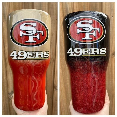 Custom made tumbler that will keep drinks hot or cold for 8+ hours. Sealed in epoxy for durability. Can be made in any color glitter or vinyl. Let's make one perfect for you!  Don't see your team? Message me and we can make it happen! 49ers Crafts, 49ers Gifts, San Francisco Design, Diy Xmas Gifts, Glitter Tumbler Cups, Custom Tumbler Cups, Tumbler Cups Diy, Cup Tumbler, Plastic Tumblers