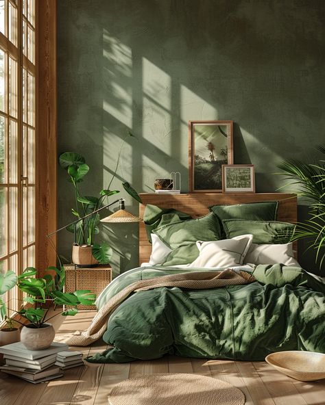 Interior Design Green Bedroom, Forest Green Minimalist Bedroom, One Wall Green Bedroom, Green House Aesthetic Bedroom, Green Sheets Bedding Ideas, Army Green Room Ideas, Soft Green Room Aesthetic, Earthy Green Bedroom Ideas, Bedroom Wall Green