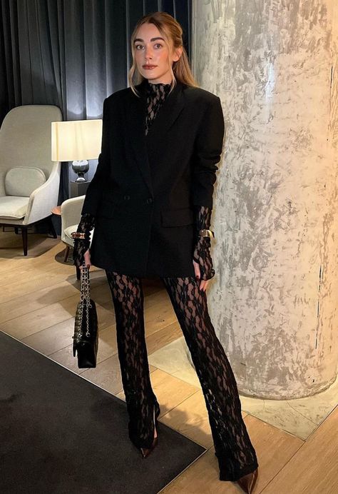 Hailey Bieber Lace Pants, Lace And Blazer Outfit, Lace Top And Blazer Outfit, Blazer With Lace Bodysuit, Party Blazer Outfits For Women, Blazer With Lace Pants, Lace Leggings Outfit Black Women, Lace Pants And Blazer, Cool Bar Outfits