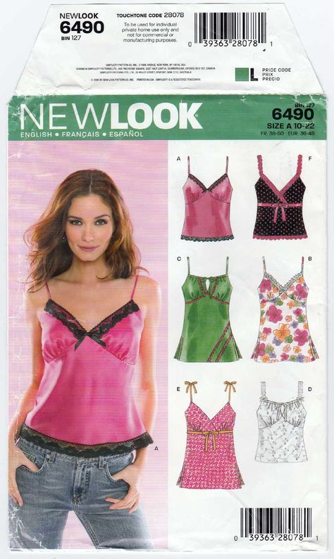 New Look 6490 UNCUT Sewing Pattern  Misses' / Plus Size: 10 - 12 - 14 - 16 - 18 - 20 - 22 Bust: 32 1/2 - 34 - 36 - 38 - 40 - 42 - 44" Waist: 25 - 26 1/2 - 28 - 30 - 32 - 34 - 37" Hip: 34 1/2 - 36 - 38 - 40 - 42 - 44 - 46"  Women's Camisole Tops Sewing Pattern; Three variations of camisole, each in two lengths. How To Sew Tank Top, Sewing Patterns Y2k, Grunge Sewing Patterns, Sewing Patterns Tops Women, Camisole Pattern Free, Babydoll Top Sewing Pattern, Tank Top Pattern Sewing, Tank Top Sewing Pattern Free, Diy Camisole