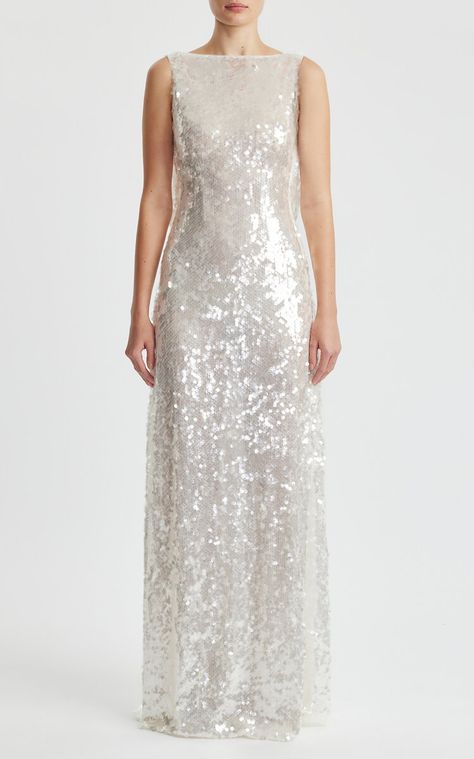 Leoni Sequined Maxi Dress By Emilia Wickstead | Moda Operandi Haute Couture, Couture, Courthouse Wedding Dress, White Sequin Dress, Party Dress Classy, Wedding Dress Sequin, Emilia Wickstead, Iconic Dresses, Minimalist Dresses