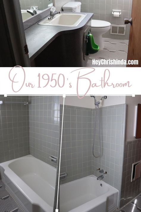 A close look at our 1950's bathroom before we remodeled. 1940s Small Bathroom Remodel, 1950s Style Bathroom, 1960 Bathroom Update, 1950s Blue Tile Bathroom, 1950s Bathroom Update, 1960 Bathroom Remodel, 50s Bathroom Remodel, 1950s Bathroom Tile, Vintage Bathroom Ideas 1950s