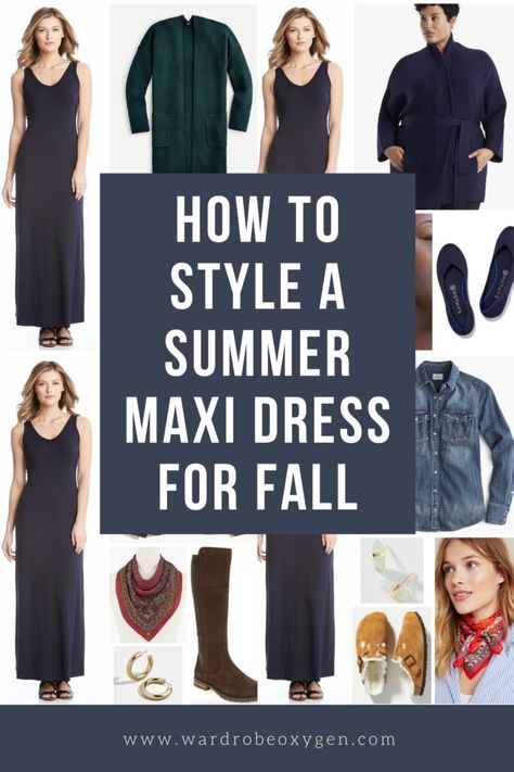 how to style a summer maxi dress for fall Fall Outfits Maxi Dress, Long Dress In Winter How To Wear, Maxi Dress In The Winter, Summer Dress For Winter Outfit, Navy Dress Casual Outfit, What To Wear Over Maxi Dress, Shirt Over Maxi Dress Outfits, Maxi Dress Jacket Outfit, Shoes For Long Dresses Casual