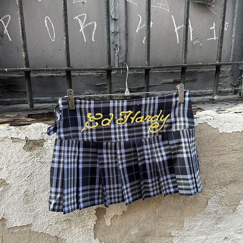 Y2k Pleated Mini Skort, Y2k Mini Pleated Skirt, Ed Hardy Dress Y2k, Y2k Dark Wash Mini Skirt With Pockets, Ed Hardy Mini Skirt, Plaid Pleated Mini Skirt, W Logo, Ed Hardy, Pleated Mini Skirt