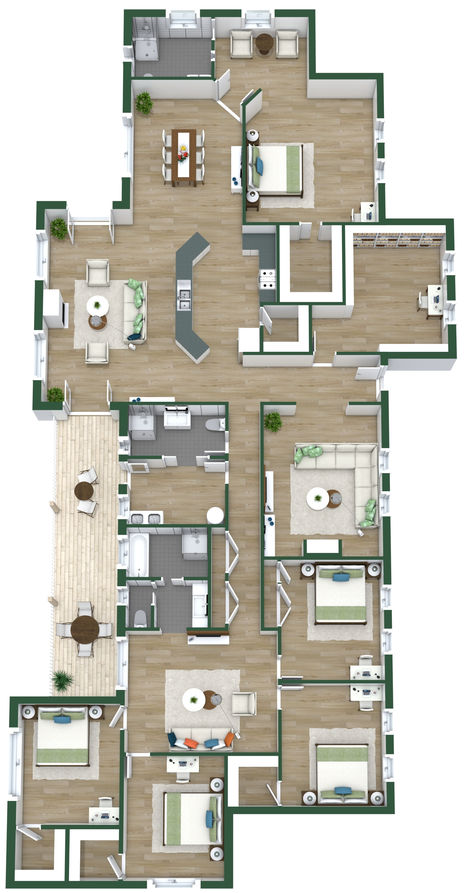 A green and brown 3D apartment floor plan with five bedrooms, three living rooms, and a balcony in the middle. 5 Bedroom Apartment, Luxury Apartment Layout Floor Plans, Large Apartment Layout, 5 Bedroom Apartment Floor Plans, Two Bedroom Apartment Layout, Three Bedroom Apartment Floor Plans, 7 Bedroom Floor Plan, Apartment Plan, Luxury Condo Floor Plans