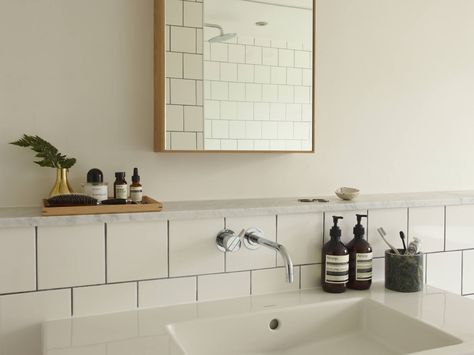 Bathroom Ledge, Shelf Above Sink, Above Sink, Modern White Bathroom, Marble Shelf, Sink Shelf, Room London, Downstairs Bathroom, Up House