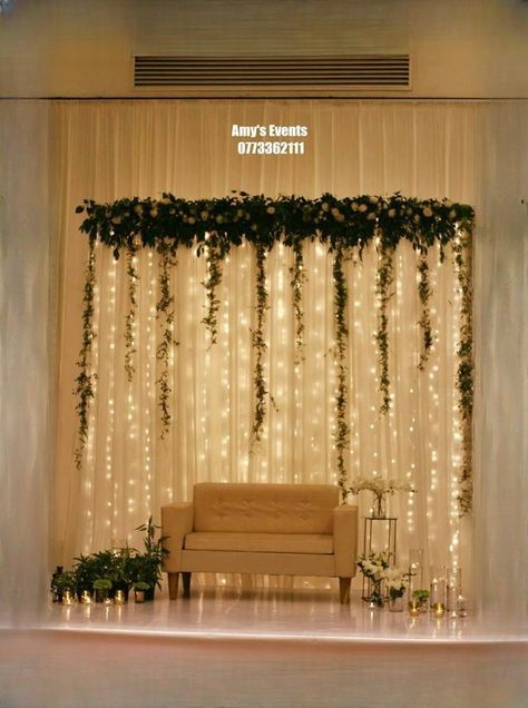 Wedding Stage Backdrop Indian, Indian 25th Anniversary Ideas, Proposal At Home Decoration, Engagement Function Decoration, Wedding Backdrop Design Indoor Elegant, Curtain Lights Backdrop Wedding, Engagement Backdrop Indian Simple, Shaadi Backdrops, Engagement Decorations Indian At Home