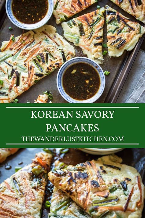 Craving a quick and delightful dinner? Try this Pajeon recipe! These Korean Pancakes are a mix of carrots, green onions, and a basic batter to create these irresistible, savory pancakes. Pair it with an irresistible honey-garlic-soy dipping sauce – perfect for a cozy evening! Korean Veggie Pancake, Savory Pancakes Recipe, Chives Pancake, Pajeon Recipe, Green Onion Pancake, Easy Korean Recipes, Recipe Korean, Korean Pancake, Vegetable Pancakes