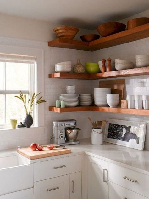 Shelves Corner, Kitchen Ikea, Shelves Ideas, Floating Shelves Kitchen, Kitchen Wall Cabinets, Open Kitchen Shelves, Kitchen Corner, Smart Kitchen, Elegant Kitchens