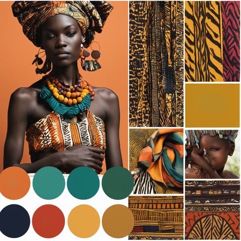 Mood board, color palette, ornament, African theme, African woman in national clothes African Woman Clothes, African Palette Color, African Inspired Color Palette, Mood Board With Color Palette, Wakanda Color Palette, Colors Of Africa, Culture Color Palette, Africa Colour Palette, Color Story Board