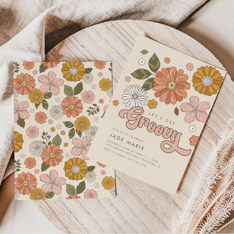 Let's Get Groovy Vintage Floral Girls Birthday Invitation - birthday invitations Groovy Kids Birthday, 70s Birthday, Birthday Boho, Floral Birthday Invitations, Kids Birthday Themes, Retro Birthday, 10th Birthday Parties, Floral Birthday, Birthday Invitations Girl