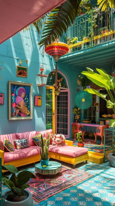 Funky House Design, Bright Color Interior Design, Bright House Decor, Bright Maximalist Decor, Art Deco Apartment Decor, Rainbow Interior Design, Themed Airbnb, Interior Design Colorful, Funky Interior Design