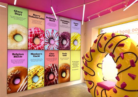 Biles Hendry “capitalises on indulgence” for healthy donut branding | Design Week Donuts Store Design, Donut Interior Design, Donut Booth Design, Donut Package Design, Donut Shop Decor, Donut Cafe Design, Donut Store Design, Donuts Design Ideas, Doughnut Shop Interior Design