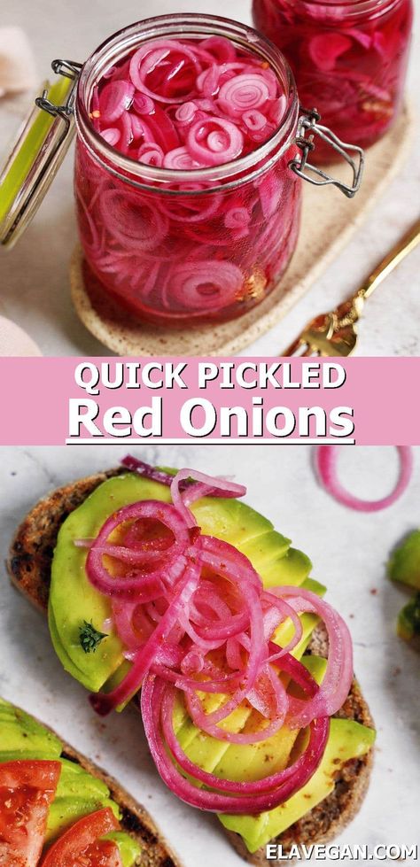 How to make pickled red onions with 5 base ingredients and in just minutes! These quick pickled red onions are sweet, tangy, and crisp. They’re the ultimate condiment to elevate burgers, tacos, salads, and more! #pickledredonions #pickledonions #onionpickle #howtopickleonions #onionrecipe #elasrecipes | elavegan.com Make Pickled Red Onions, Ella Vegan, Burger Tacos, Easy Pickling Recipes, Pickled Vegetables Recipe, Red Onion Recipes, Quick Pickled Red Onions, Quick Pickled Onions, Quick Pickled