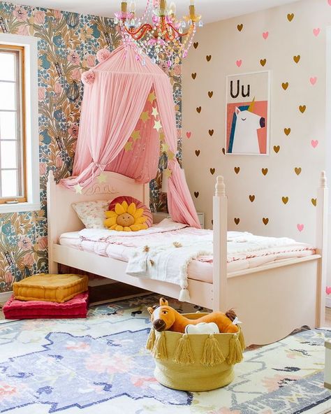 Rainbow Themed Room, Magical Bedroom, Daisy Pillows, Sister Room, Unicorn Bedroom, Ikea Wardrobe, Country Chic Paint, Bedroom Reveal, Daughter Bedroom