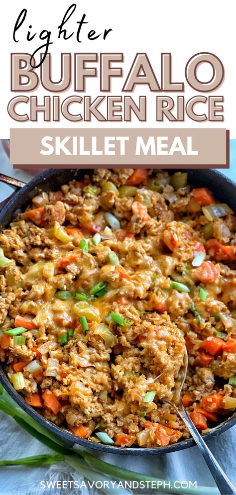 Brown Rice Skillet Meals, Ground Chicken And Brown Rice Recipes, Chicken Veggies And Rice Recipes, Ground Chicken Cauliflower Recipes, Dinner With Celery And Carrots, Buffalo Chicken Skillet Dinner, Ground Chicken And Cauliflower Rice Recipes, Rice And Chicken Meal Prep Ideas, Ground Chicken And Farro