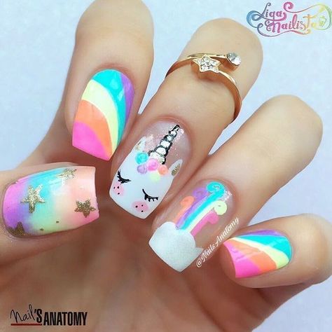 2,460 Likes, 43 Comments - Nail It! Magazine (@nailitmag) on Instagram: “Unicorn fix for the day thanks to this cute nail art by @nailsanatomy! #nailitdaily” Unicorn Nails Designs, Unicorn Nail Art, Kids Nail Designs, Rainbow Nail Art, Unghie Sfumate, Colorful Nail Art, Colorful Nail, Unicorn Nails, Nails For Kids