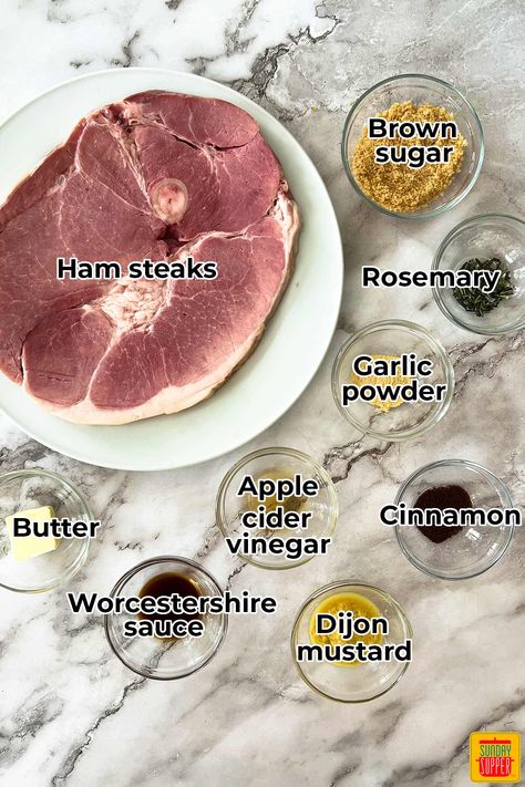 How to Cook Ham Steak - Sunday Supper Movement Ham Steak Meals, Ham Steak Recipes Stove Top, Hamsteak Crockpot Recipes, Crockpot Ham Steak, Ham Steak Crockpot Recipes, Ham Steak In Crockpot, Fresh Ham Steak Recipes, Glazed Ham Steak Recipes, Smoked Ham Steak Recipes