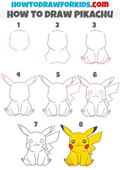 How to Draw Pikachu | Easy Drawing Tutorial For Kids Pikachu Step By Step Drawing, How To Draw Pickachoo, Manga Drawing For Kids, Picatchou Pokemon Drawing, How To Draw Pikachu Easy, Pokemon Drawing Easy, Picachu Pictures Drawing Step By Step, Picacho Drawing, How To Draw A Pikachu