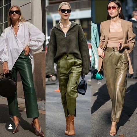 Green Leather Pants Outfit, Green Leather Pants, Green Pants Women, Green Pants Outfit, Look Kylie Jenner, Leather Pants Outfit, Fashion Trends Winter, Leather Trousers, Leather Outfit