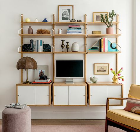 Ikea Svalnas, Ikea Wall Units, Ikea Shelving, Herringbone Tile Pattern, Ikea Shelving Unit, Wall Mounted Shelving Unit, Arch Digest, Tv Area, Ikea Wall