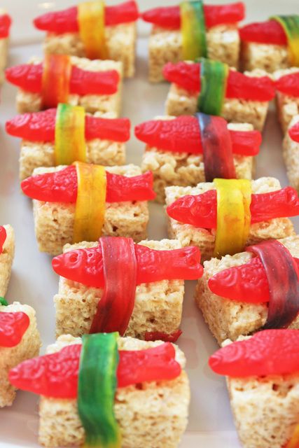 Candy sushi at a Ninja Birthday Party!  See more party ideas at CatchMyParty.com! Ninja Themed Birthday Party, Karate Birthday Party, Japan Party, Ninja Birthday Party, Cherry Blossom Party, Lego Ninjago Party, Candy Sushi, Karate Birthday, Ninjago Birthday Party