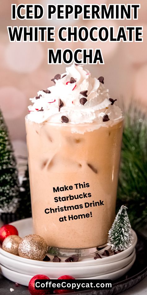 Experience the magic of the holidays with my Starbucks-inspired iced peppermint white chocolate mocha. Brew joy at home with this easy and refreshing winter coffee recipe. Celebrate the season with this heartwarming homemade Starbucks copycat Christmas drink that adds a touch of magic to every moment. #starbucksrecipeswinter #starbuckscopycatrecipe Pjs Coffee Drinks, Copycat Coffee Drinks, Starbucks Peppermint White Mocha, Peppermint Cold Brew, Copycat Starbucks Peppermint Mocha, Special Coffee Drinks, Christmas Iced Coffee Recipes, Coffee Bar Menu Ideas, Iced Peppermint Mocha Recipe