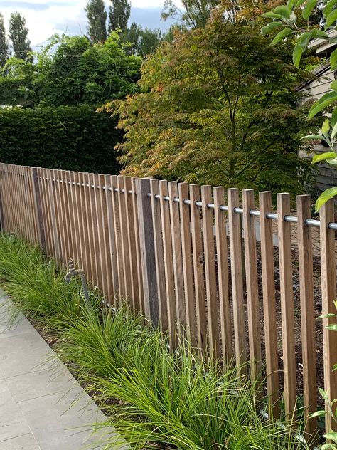 Scandinavian Fence Ideas, Front Fence And Gate, Wood And Iron Fence, Front Fence Ideas Australia, Wood Slat Fence, Modern Garden Fence, Vertical Fence, Low Fence, Wood Fence Design