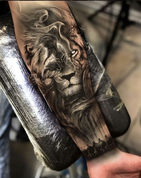 Lion Warrior Tattoo, Lion Warrior, Tato Maori, Lion Forearm Tattoos, Warrior Tattoo Sleeve, Gladiator Tattoo, Tiger Tattoo Sleeve, Spartan Tattoo, Lion Tattoo Sleeves