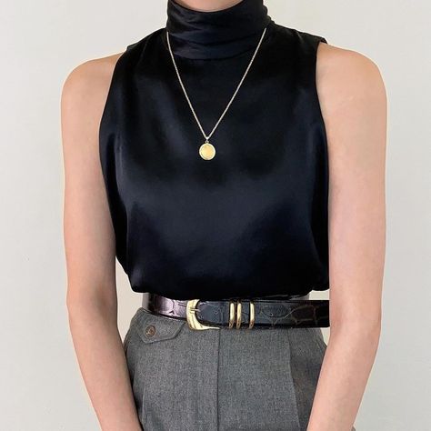 Black Pure, Vintage Ralph Lauren, Sleeveless Turtleneck, Button Top, Fabric Covered Button, Silk Charmeuse, Silk Top, Fabric Covered, Silk Fabric