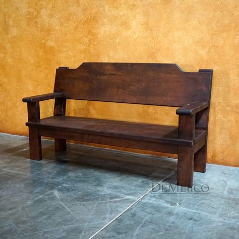 Spanish Bench, Wood Bench With Back, Low Bench, Rustic Wood Bench, Wood Benches, New Mexico Style, Mexican Furniture, Western Rooms, Mesquite Wood