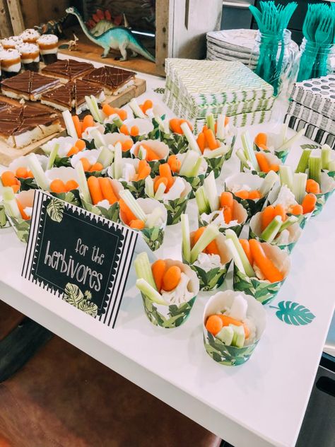 Dinosaur Party Appetizers, 3 Rex Food Ideas, Roar Four Dinosaur Party, Dino Food Party, Three Rex Birthday Party Ideas, Dino Brunch Party, Dinosaur Birthday Party Favor Ideas, Three Rex Table Decor, Dino Dig Birthday Party Ideas