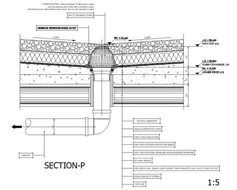 Roof level drain location section detail dwg file Flat Roof Detail Section, Flat Roof Drainage Detail, Green Roof Detail Section, Concrete Roof Detail, Flat Roof Detail, Roof Drainage, Construction Details Architecture, Section Detail, Wall Section Detail