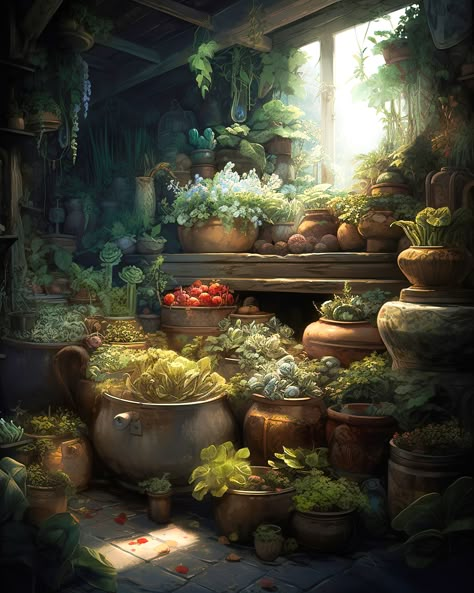 Fantasy Herbs Aesthetic, Herbalist Fantasy Art, Fantasy Herbs Art, Fantasy Botanist, Druid Vibes, Druid Garden, Manga Background Reference, Bedroom Backgrounds, Snake Story