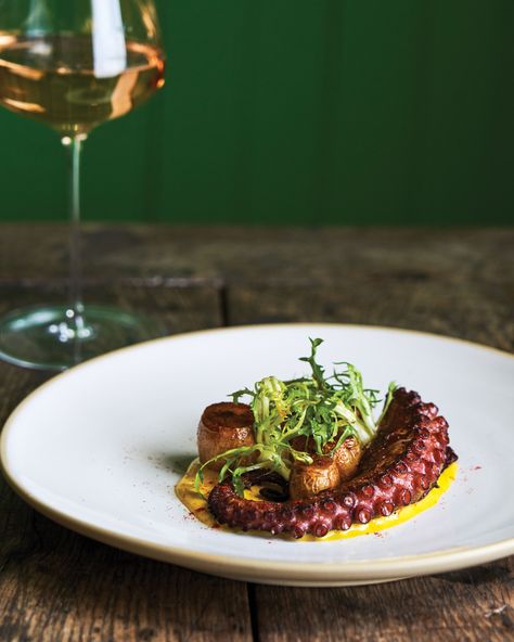 Spanish Octopus, Saffron Aioli, Chef Dishes, Octopus Recipes, Seafood Entrees, Fingerling Potatoes, Sunset Magazine, Fine Dining Recipes, Classic Dishes