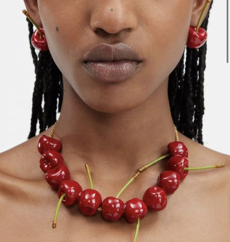 “The “Cherry Necklace” from the new Jacquemus collection” Weird Necklace, Jacquemus Collection, Fruit Jewellery, Cherry Accessories, August Journal, Cherry Jewelry, Pinterest Jewelry, Cherry Necklace, Jewelry Editorial