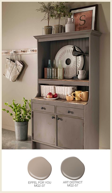 Colorfully, BEHR :: Easy Kitchen Color Ideas Art District Behr Paint, Primitive Wall Colors, Paint Colors Kitchen Walls, Paint Shelves, Kitchen Color Ideas, Paint Color Pallets, Curated Kitchen, Craftsman Colors, Taupe Paint Colors