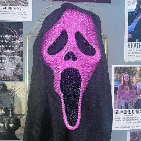 Ghost Face Sparkle, Badazled Ghost Face Mask, Pink Ghostface Mask, Badazzel Ghostface Mask, Bejeweled Ghostface Mask, Pink Ghostface Birthday, Ghostface Mask With Gems, Ghost Face Decoration, Pink Ghostface Aesthetic