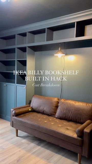 Charlotte & Oliver | Home DIY & Design on Instagram: "Cost breakdown of our IKEA Billy Bookcase hack!! (Keep in mind that prices can fluctuate so they might not be exactly what’s listed below, but this was the cost of everything when we were working on this project in December 2023!) We still need to finish painting a couple areas in this room, change the ceiling light fixture, thrift some more decorations, and update the desk side of the room! Stay tuned to see how this project turns out! 😍 Paint color: Yorktowne Green by @benjaminmoore #ikeahacks #ikeahack #billybookcase #builtinshelves #diyhomeprojects #diyhomeimprovement #diyhomedecorating #officedecoration" Bookcase Around Couch, Ikea Bedroom Bookshelf, Billy Bookcase Built In Bedroom, Bookcase Around Sofa, Billy Bookcase Hack Desk, Billy Bookcase And Desk Hack, Diy Spare Room Ideas, Billy Bookcase With Desk, Billy Bookcase Desk