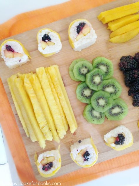 Fruit Sushi - Will Bake for Books Thai Sticky Rice, Fruit Sushi, Make Sushi, Bigger Bolder Baking, Sweet Rice, How To Make Sushi, Cooking Classes For Kids, Sticky Rice, Sushi Rice