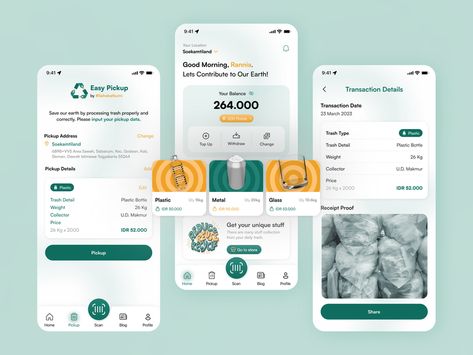 Look at my exploration design about Recycle Mobile Apps. Let's contribute to our earth and make an amazing future!🌎 Recycling App Design, Delivery App Ui, Grocery App Ui Design, Banking App Design, Finance App Ui Design, Scan App, Mobile App Interface, App Design Layout, Banking App