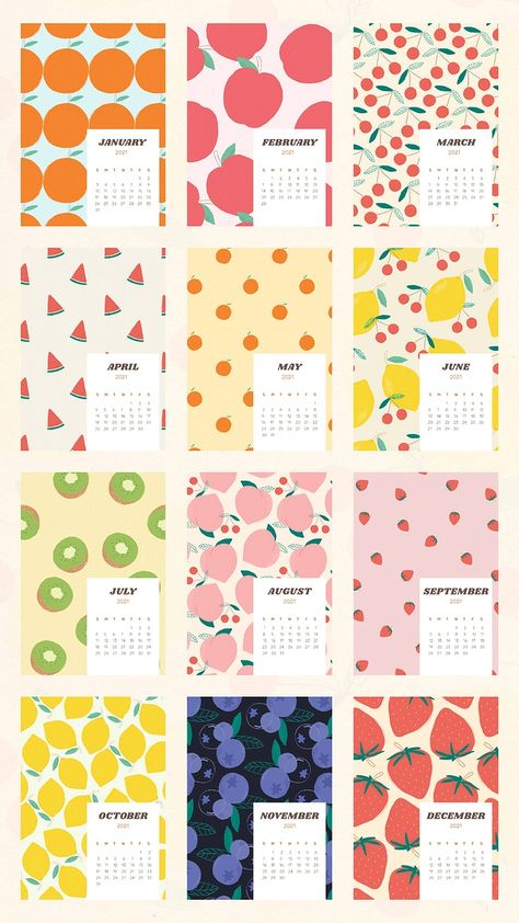 Calendar 2021 printable vector template with cute fruit background set | premium image by rawpixel.com / Wit Fruits Template, Fruit Calendar, Abstract Strawberry, Tropical Fruit Pattern, Food Calendar, Blueberry Pattern, Apple Template, Fruit Background, Meal Calendar