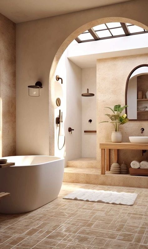 Mediterranean Master Bath Ideas, Colombia Houses, Master Bathrooms Luxury Modern, Modern Spanish Style Bathroom, Spanish Colonial Bedroom, Spanish Modern Bathroom, Spanish Mediterranean Interior, Modern Spanish Bathroom, Spanish Villa Interior