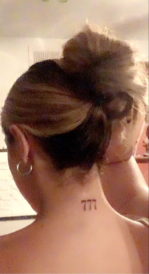 Tattoo Ideas Female Behind Neck, Angel Number Tattoo Back Of Neck, Neck Tattoo Angel Number, 444 Tattoo Back Of Neck, Angle Number Tattoo Behind Ear, 777 Angel Number Tattoo Behind Ear, 777 Behind Ear Tattoo, 999 Neck Tattoo, 777 Neck Tattoo