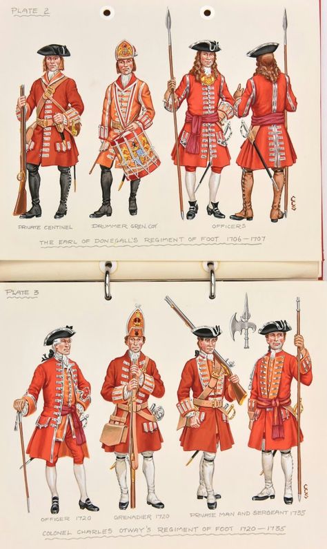 The Earl of Donegall’s Regiment of Foot; Private, Drummer of Grenadier Company and Officers – 1706-07; Colonel’s Charles Otway’s Regiment of Foot; Officer – 1720; Grenadier – 1720; Private and Sergeant - 1735 Infantry Marines, Military Suit, Century Uniforms, British Army Uniform, Army Poster, British Uniforms, British Armed Forces, Royal Marines, Roman Soldiers